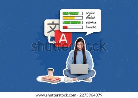Artwork magazine collage picture of smiling happy lady learning languages modern gadget isolated drawing background