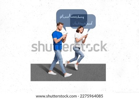 Portrait collage minimal design template application for receive sms from all messengers together couple texting online isolated on white background