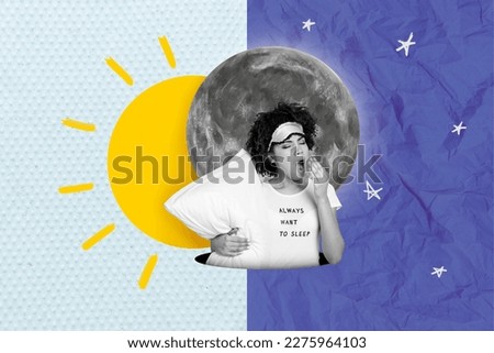 Photo collage artwork minimal picture of funny tired lady yawning confusing day night isolated drawing background