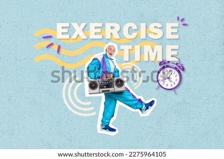 Collage 3d pinup pop retro sketch image of funny old guy coach trainer listening boom box isolated painting background