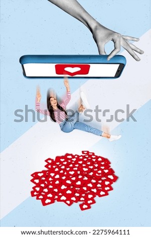 Photo collage design advertisement of young popular blogging star falling down from phone display button like media isolated on blue background