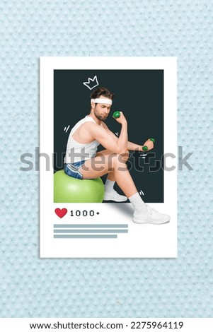 Vertical photo collage template of young professional fitness blogger like instagram post exercise big biceps dumbbell isolated on blue background