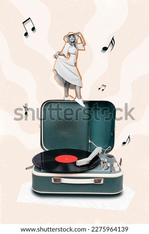 Collage photo advert retro party vintage gramophone turntable listen vinyl plate have fun glamour girl dance rhythm isolated on beige background
