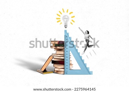 Picture of creative collage reaching high ruler jump girl fist up eureka lightbulb finally decision much books bookworm isolated on white background Royalty-Free Stock Photo #2275964145