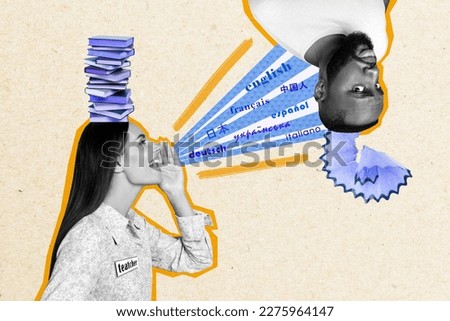 Photo poster of funny stupid student collage young guy dont know foreign languages teacher speech head lots literature isolated on beige background Royalty-Free Stock Photo #2275964147