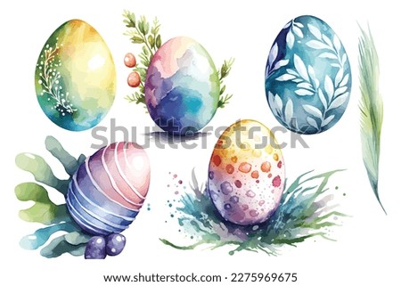 Watercolor illustration pack of colorful Easter eggs: yellow, orange, red, turquoise, blue, violet. Hand painted graphic drawing, cutout clip art elements for creative design, card, stickers, package.