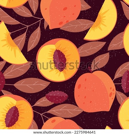 Whole ripe Peach or nectarine, half fruit with pit, twig with leaves. Vector seamless tropical pattern.