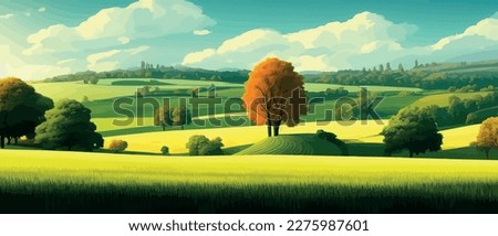 Green field, tree and blue sky. Gorgeous as background, web banner. Spring landscape in the countryside with a green meadow on the hills with blue sky, vector summer or spring landscape, panoramic Royalty-Free Stock Photo #2275987601