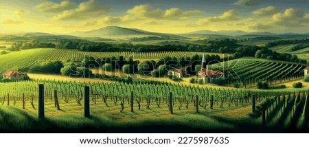 Vineyards with vines and hilly Tuscan landscapes near the winery , with the village in the background . Vector illustration banner. spring blank background Royalty-Free Stock Photo #2275987635