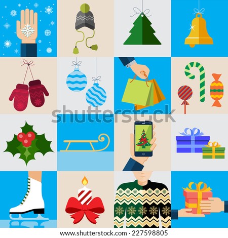 Christmas icons, elements and illustrations. Christmas Greeting Card.