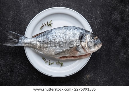 sea bream fresh fish seafood raw ready to cook healthy meal food snack on the table copy space food background rustic top view pescatarian diet Royalty-Free Stock Photo #2275991535