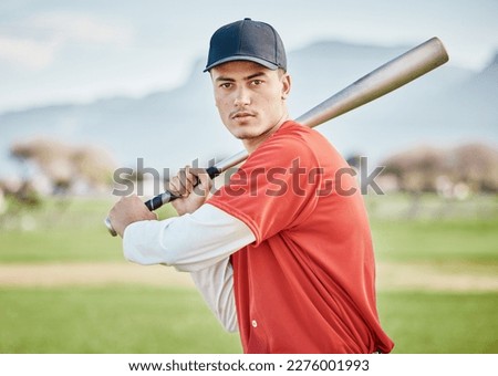 Baseball batter, portrait or sports man on field at competition, training match on a stadium pitch. Softball exercise, healthy fitness workout or focused player playing a fun game outdoors on grass