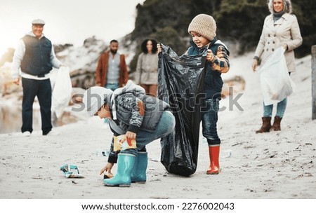 Beach cleaning, plastic and children, family or volunteer group in education, learning and community service. Happy people and kids help with waste, garbage or trash in climate change or pollution