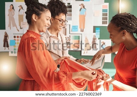 Fashion, designer team and women working together in design, fabric and professional tailor group. Creative, collaboration with illustration, teamwork and female stylist meeting in atelier with ideas Royalty-Free Stock Photo #2276002369