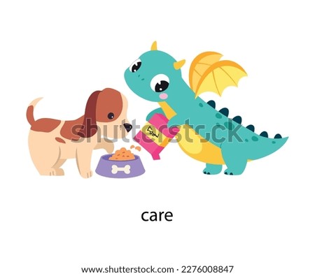 Funny Dragon Character Caring of Dog Pet Demonstrating English Verb Vector Illustration