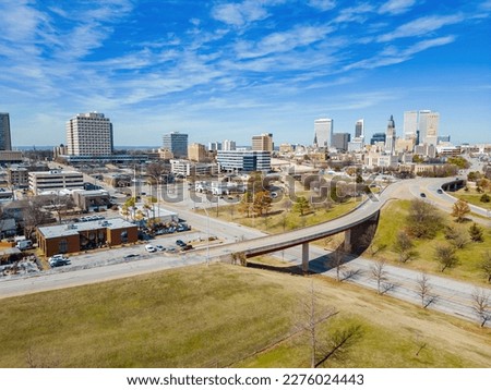 Aerial view of the Boston Avenue United Methodist Church and Tulsa cityscape at Oklahoma