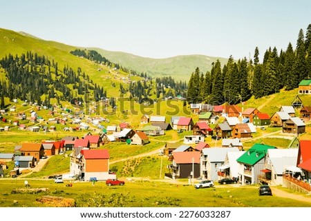 Bakhmaro village house panorama in summer. FAmous travel landmark summer resort in caucasus mountains. Holiday destination in Guria, Caucasus