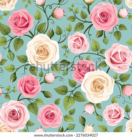Floral seamless pattern with pink and white rose flowers on a celadon background. Vector illustration