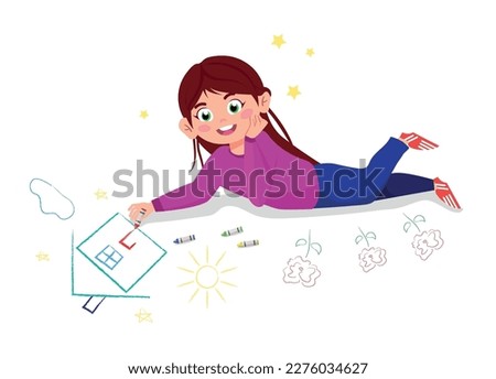 Vector illustration of a cute and beautiful girl drawing with chalk on asphalt. Cartoon scene of a girl drawing with chalk a house with sun, clouds and stars, and roses isolated on white background.
