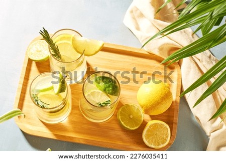 Summer refreshing drinks or cocktails with lemon, lime and rosemary. Cool lemon drinks in the heat Royalty-Free Stock Photo #2276035411