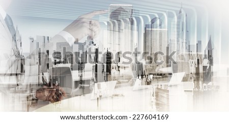 Double exposure of businessman hand working with new modern computer and business strategy as concept 