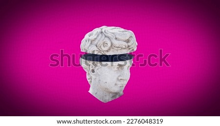 Composition of head sculpture over spots on pink background. Art, pattern and abstract concept digitally generated image.