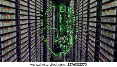 Image of digital head over server room. Global business and digital interface concept digitally generated image.