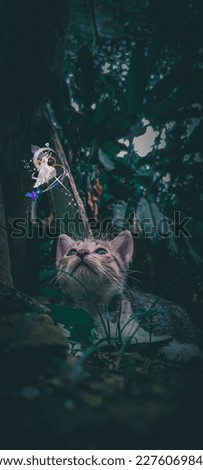 a cat talking to a fairy 