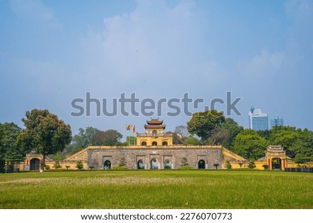 Panorama Central sector of Imperial Citadel of Thang Long,the cultural complex comprising the royal enclosure first built during the Ly Dynasty. An UNESCO World Heritage Site in Hanoi. Doan Mon gate Royalty-Free Stock Photo #2276070773