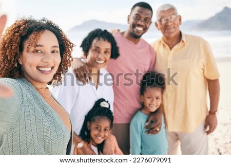 Happy portrait, selfie or family on beach holiday for peace, freedom and outdoor quality time together. Memory reunion picture, happiness or Jamaica kids, grandparents or parents smile on vacation