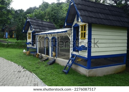 blue and white chicken and bird coop surrounded by green grass