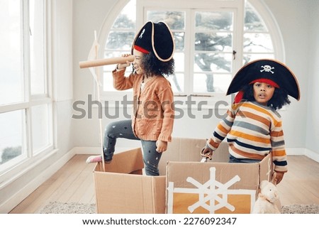 Pirate, box and games with children in living room for playful, creative and imagine. Fantasy, relax and party with kids sailing in cardboard boat at home for free time, weekend and entertainment