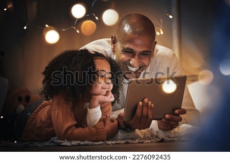 Night, tablet and relax with father and daughter in blanket tent for connection, happy and streaming cartoon. Smile, app and fairy lights with man and girl at home for education, internet and online