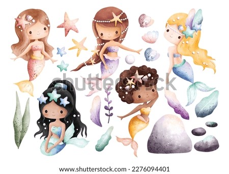 Watercolor Illustration set of cute mermaid and elements