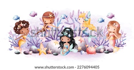 Watercolor illustration Beautiful Mermaid and sea creatures on sea bottom Royalty-Free Stock Photo #2276094405