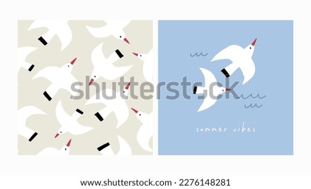 Cute Summer beach seamless  pattern with wave and gull - vector print in flat style Royalty-Free Stock Photo #2276148281