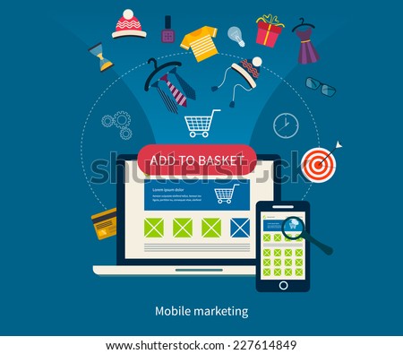 Set of flat design concept icons for web and mobile phone services and apps. Icons for mobile marketing and online shopping Royalty-Free Stock Photo #227614849