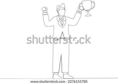 A man holding an award trophy. Employee appreciation one line drawing