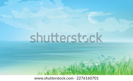 Summer nature background. Wildflowers, sea view.  Vector landscape with watercolor textured elements. 