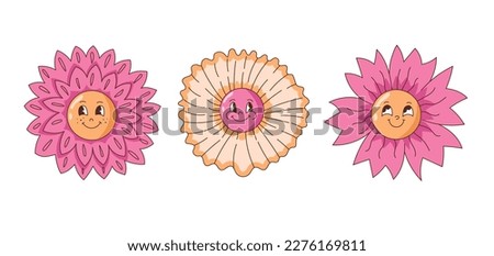 Funny flower face set. Vector collection of hand drawn groovy flowers in retro cartoon style. Isolated vector illustration for kids, prints, trendy decoration