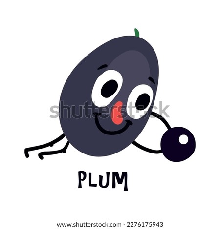 Cute plum cartoon character doing sport with ball vector illustration