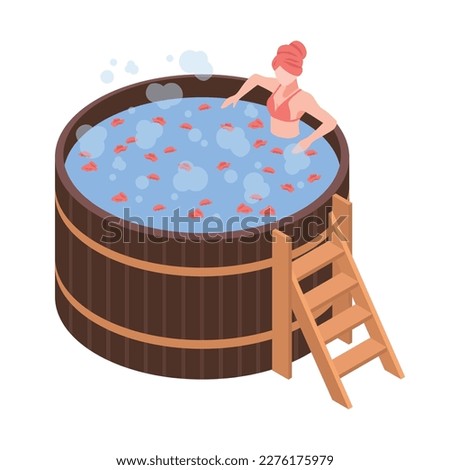 Isometric woman relaxing in hot japanese bath 3d vector illustration