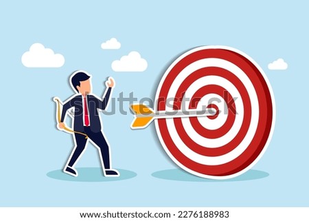 Achieve target, reach goal or success female entrepreneur, aiming to hit bullseye target concept, cheerful businessman archery shot arrow to hit big target. Paper Cut Style