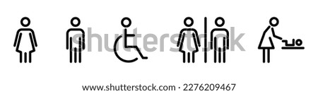 Vector toilet line icon set. Editable stroke. Bathroom for men, women, mothers with baby and handicap. Collection of restroom signs. Toilet for male, female, parents with child and disabled. WC. Royalty-Free Stock Photo #2276209467