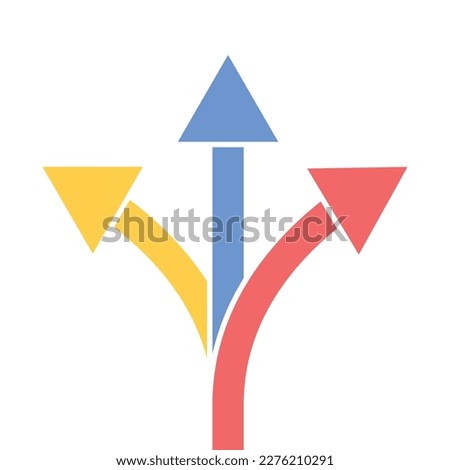 Three way direction arrow icon in different colors. Vector.