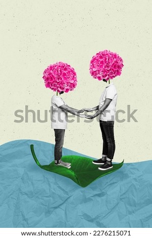 Photo cartoon comics sketch collage picture of funny friends holding hands flowers instead head isolated drawing background