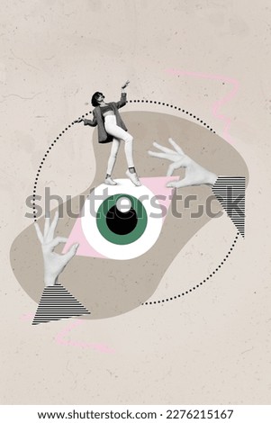 Artwork magazine collage picture of arms holding big eye dancing isolated drawing background