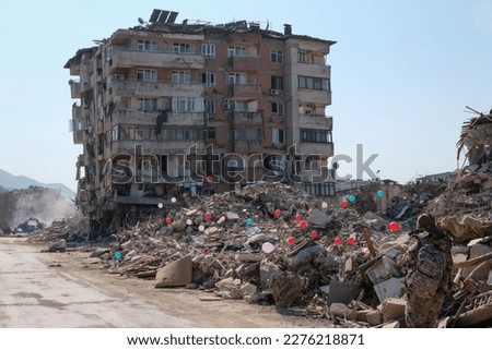 Kahramanmaras earthquake, Hatay, collapsed house and street, general view Hatay center. Royalty-Free Stock Photo #2276218871