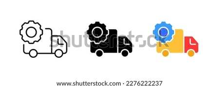 A delivery van with the icon of a gear, representing a company's logistics and transportation operations. Vector set of icons in line, black and colorful styles isolated. Royalty-Free Stock Photo #2276222237