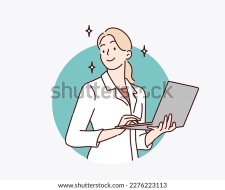 business woman with laptop in hands. Hand drawn style vector design illustrations.